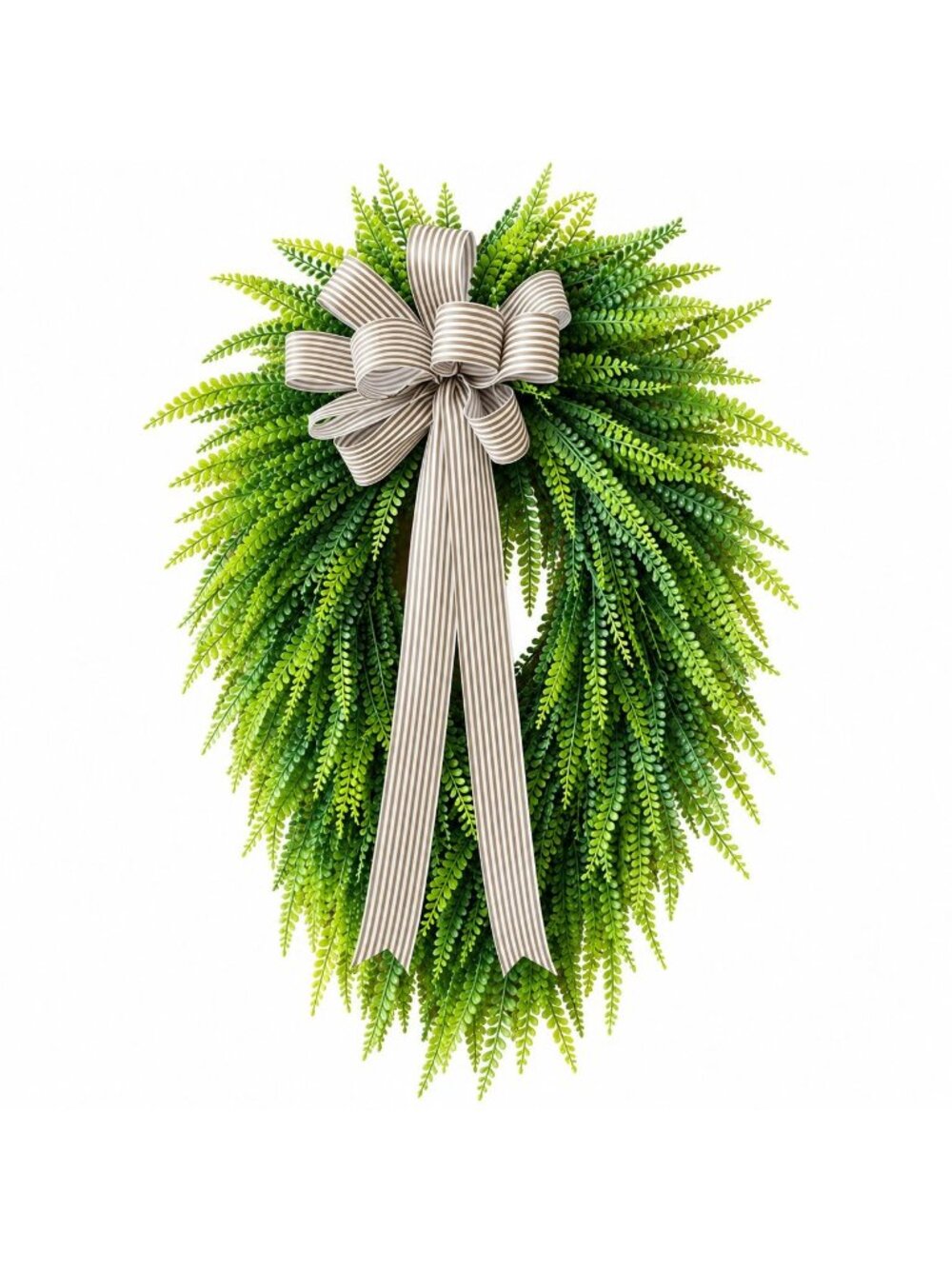 22 Inch Teardrop Button Fern Wreath Greenery Front Door Wreath with Striped Sati